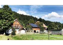 Der Martinshof von außen. Man sieht die Front mit den verschiedenen Hofhäusern und dem Schwarzwald im Hintergrund.