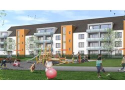 Rheinwohnungsbau Kita Kuthsweg, Simulation Gartenansicht auf Außenfassade, Vordergrund spielende Kinder auf Spielplatz