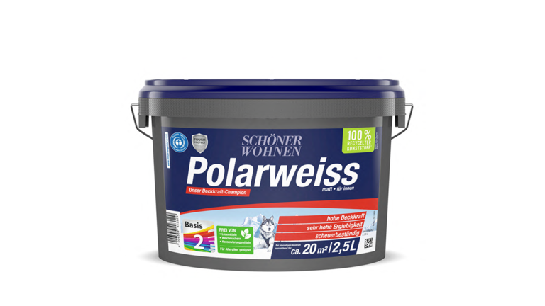 Farbeimer SCHÖNER WOHNEN Polarweiss, blaues Ettiket, 2,5 Liter,  Basis 2