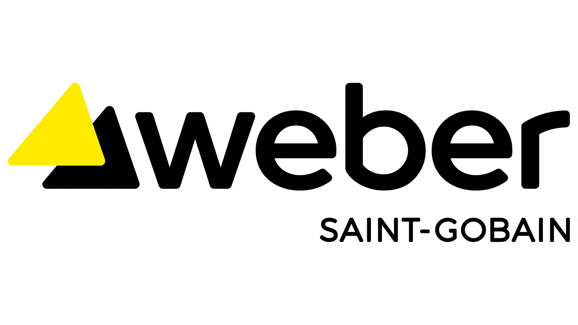 Das Weber Saint-Gobain Logo mit einem gelben und schwarzen Dreieck welche sich überlappen links im Bild und dem dem Schriftzug Weber Saint-Gobain rechts daneben.