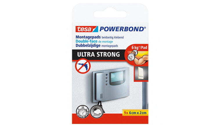 tesa Powerbond ultra strong pads, Produkt in einer weißen Verpackung Maße 9x6cmx2cm